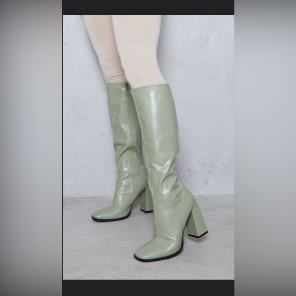 Sage Green PU Square Toe High Block Heeled Knee Boots